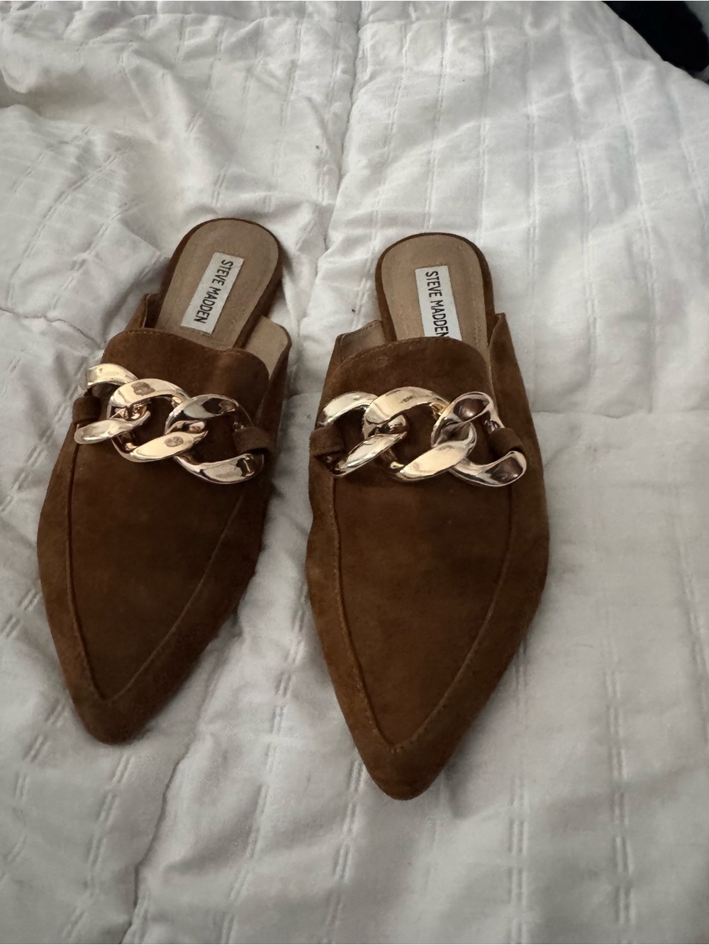 Steve Madden Brown Suede Pointed Mules with Gold Chain Detail